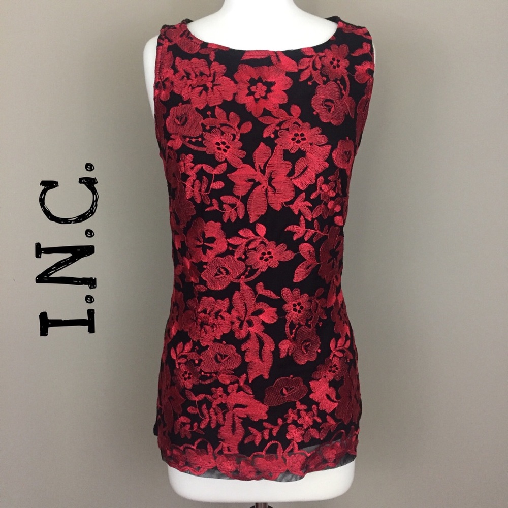 INC Red and Black Embroidered Top Size Small